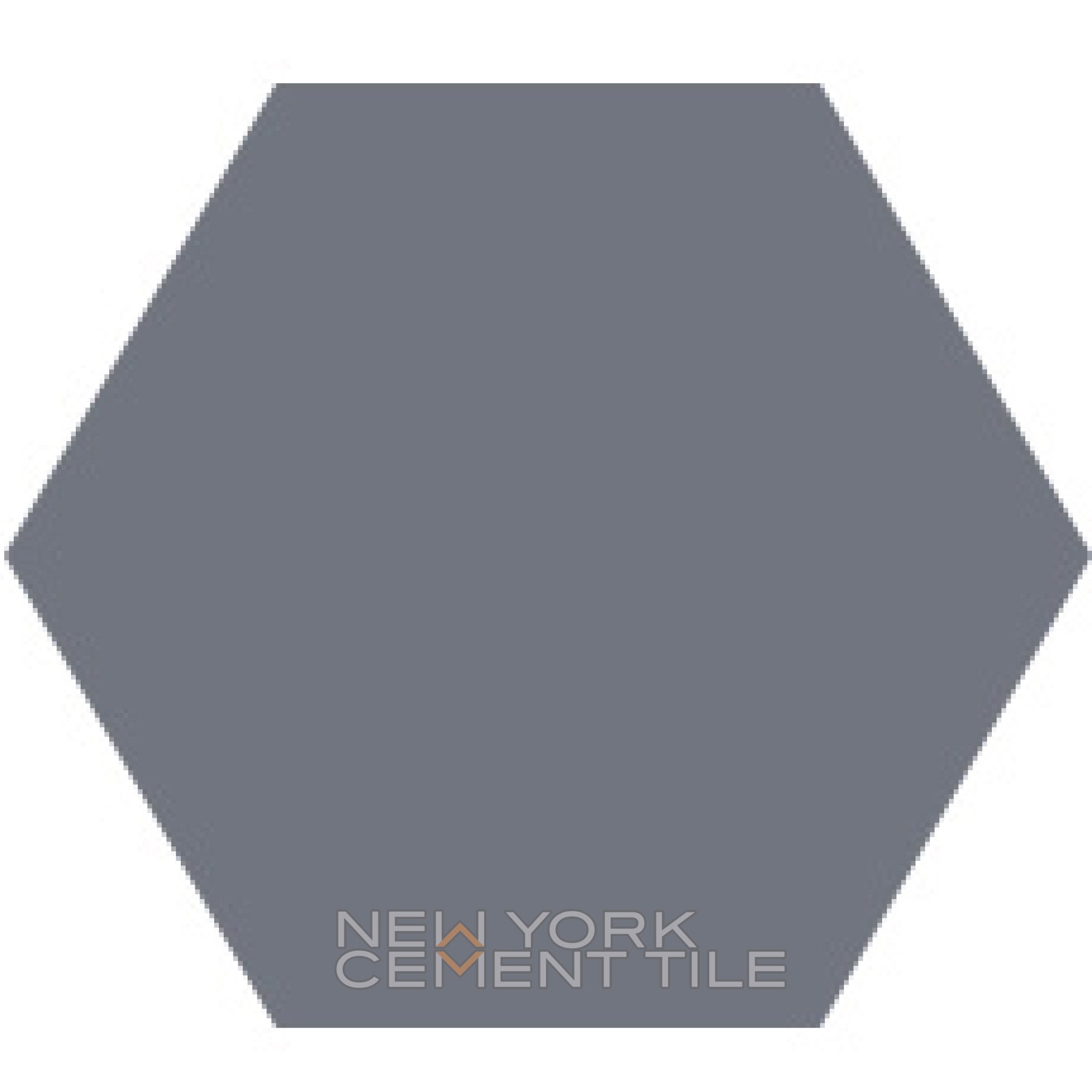 Solid gray hex tile, Solid Hex-NH23-2213 Sample, with "New York Cement Tile" in modern font at the bottom.