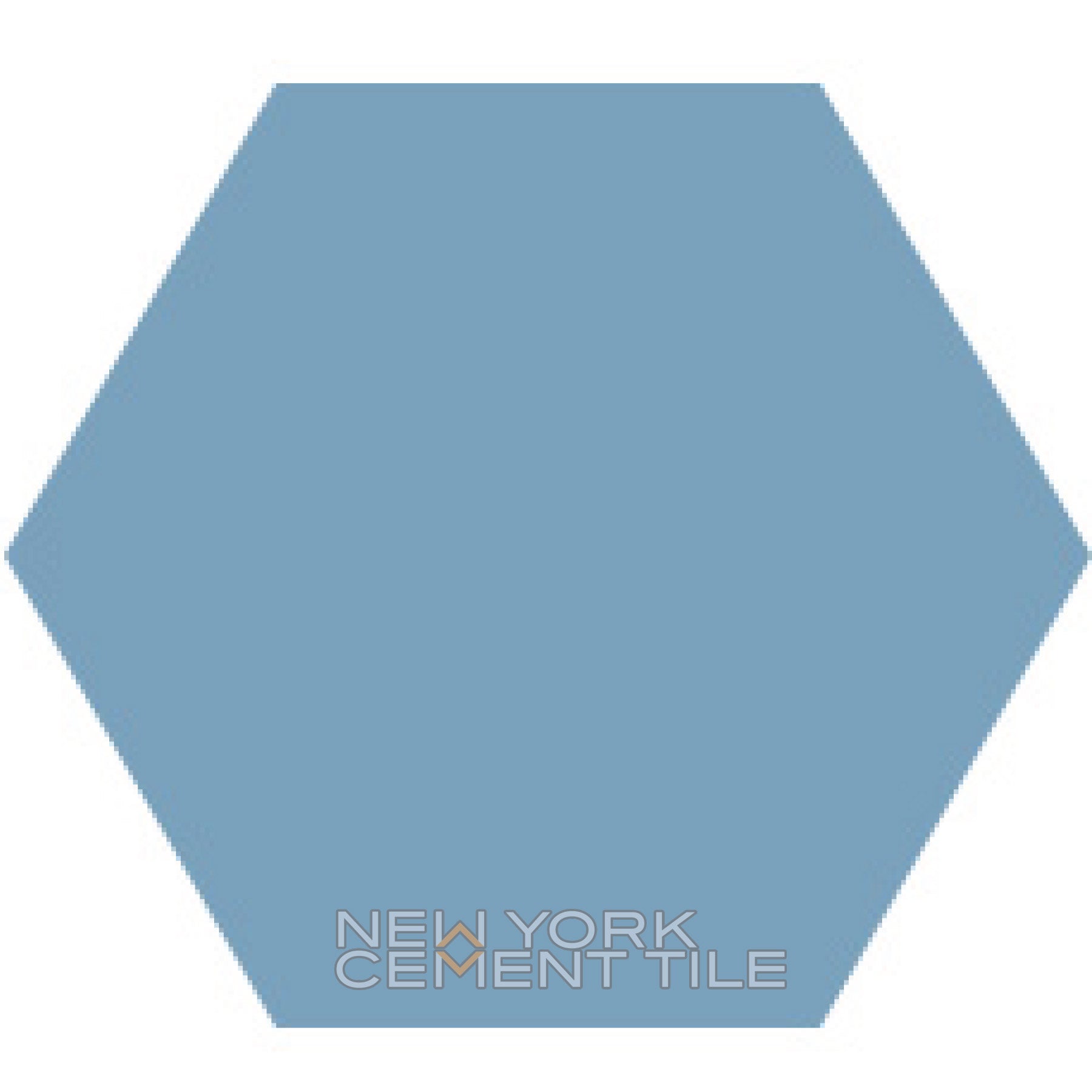 A solid light blue hexagon labeled "Solid Hex -NH23-4425, Sample" by New York Cement Tile in gray at the bottom center.