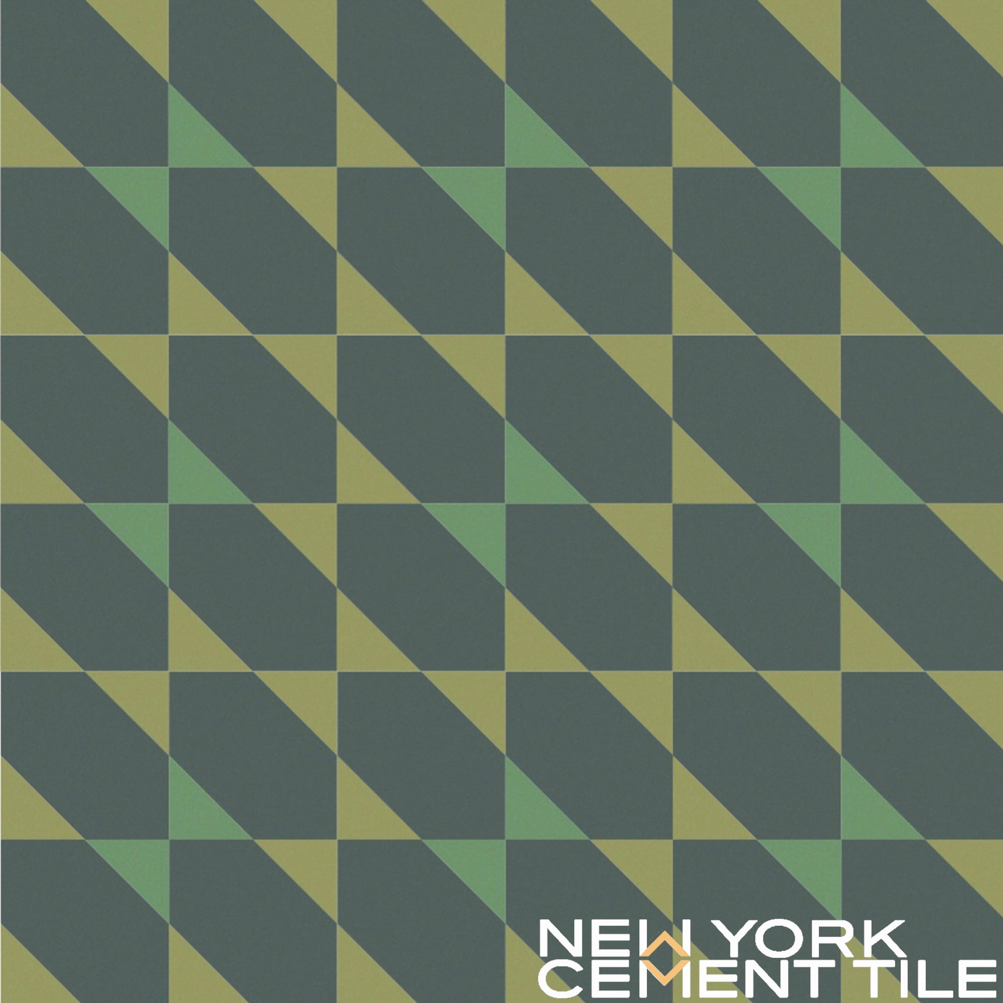 Geometric tile pattern with green, tan, and navy triangles; NL20-4B sample by New York Cement Tile.