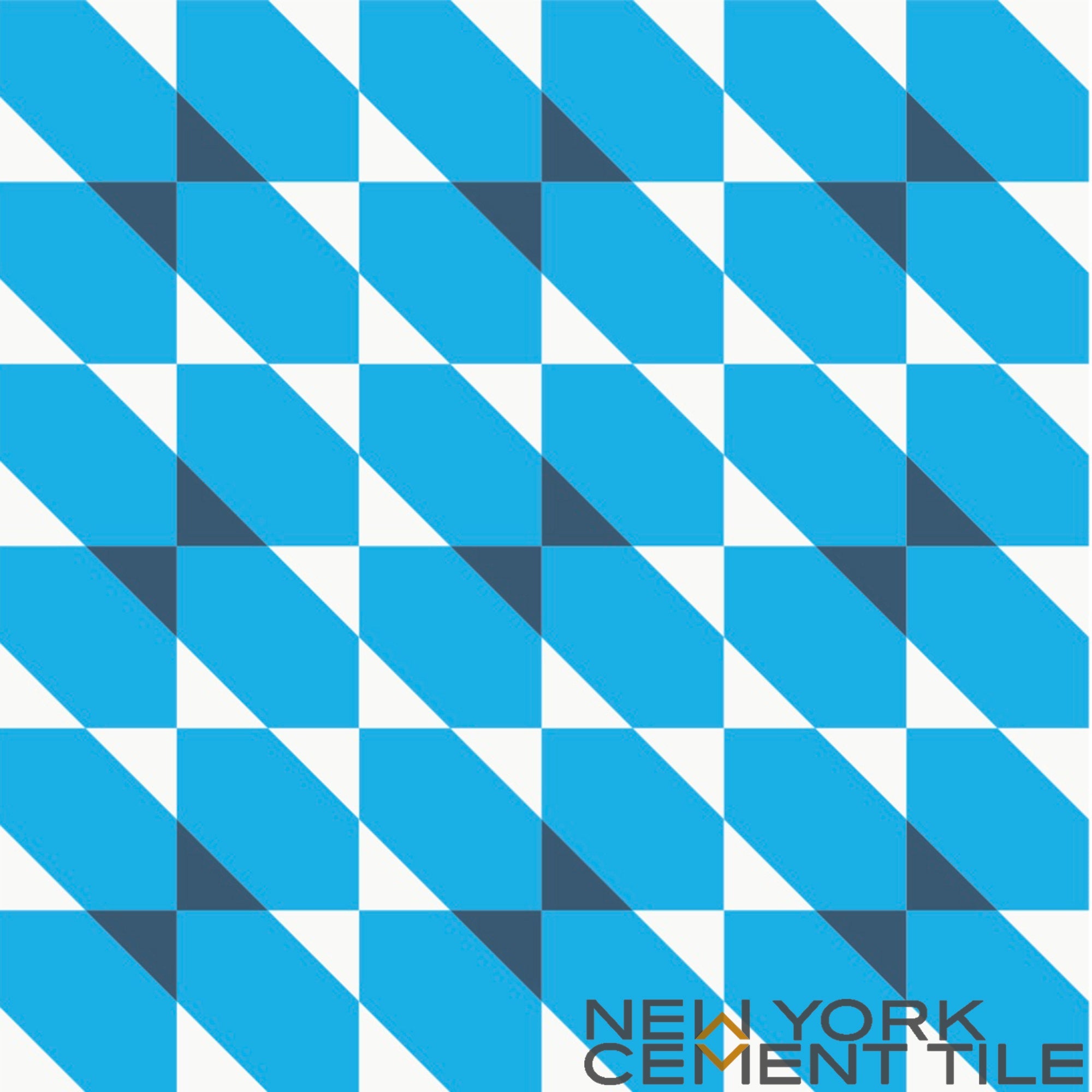 Blue and white triangles in a geometric pattern, NL20-4C Sample by New York Cement Tile appears in the corner.