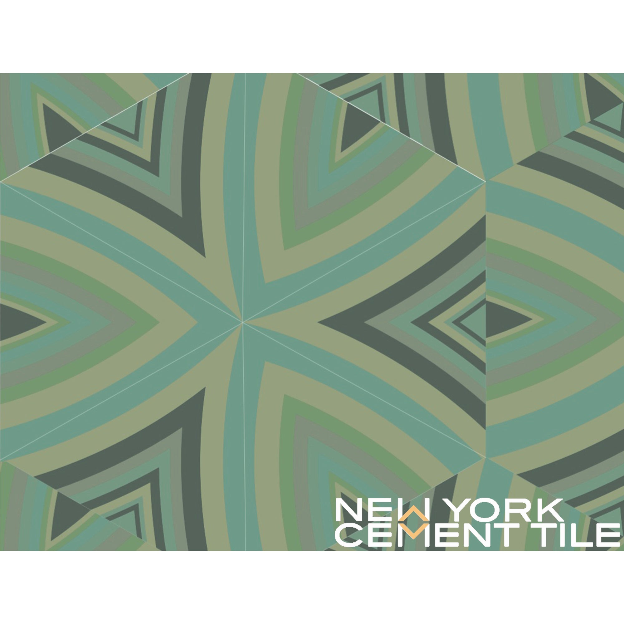Geometric tile pattern in green, teal & gray; NLT-6A by New York Cement Tile.