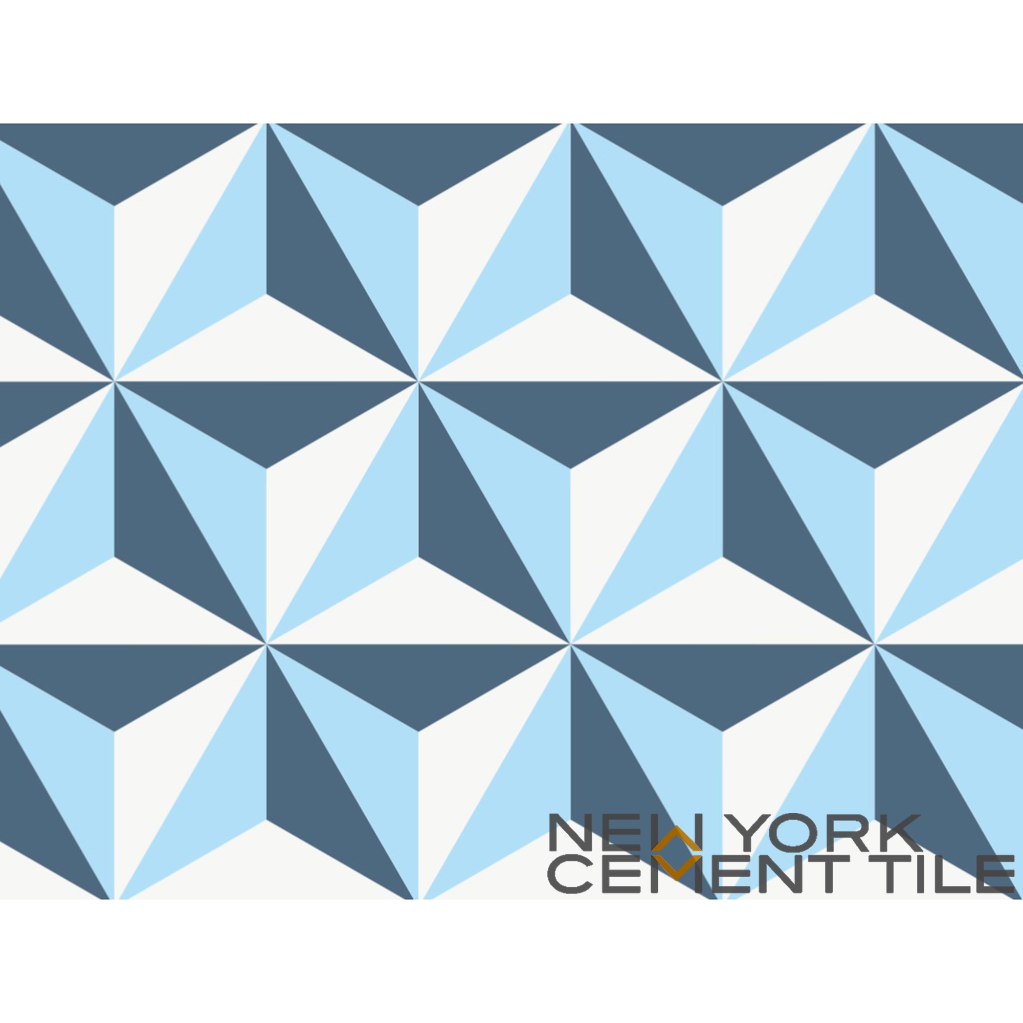 Blue 3D cube geometric tile pattern, NLT-9 by New York Cement Tile, Geometrika collection logo in corner.