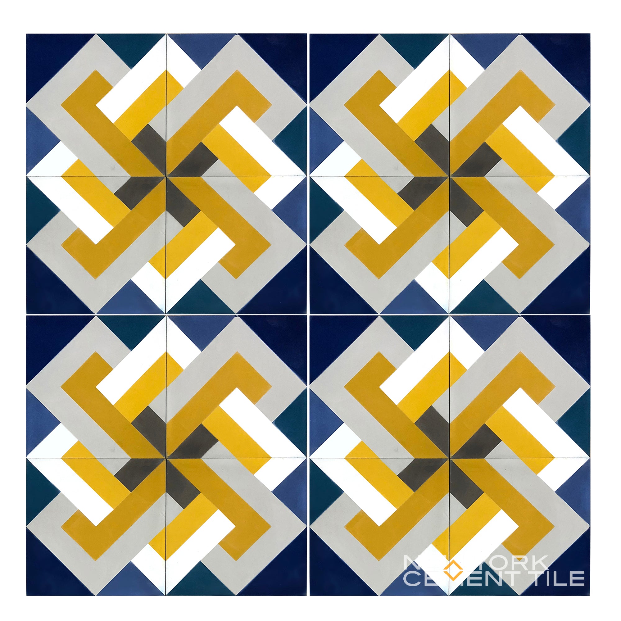 Four NL20-1A tiles by New York Cement Tile with interlocking yellow, blue, and gray geometric Geometrika patterns.