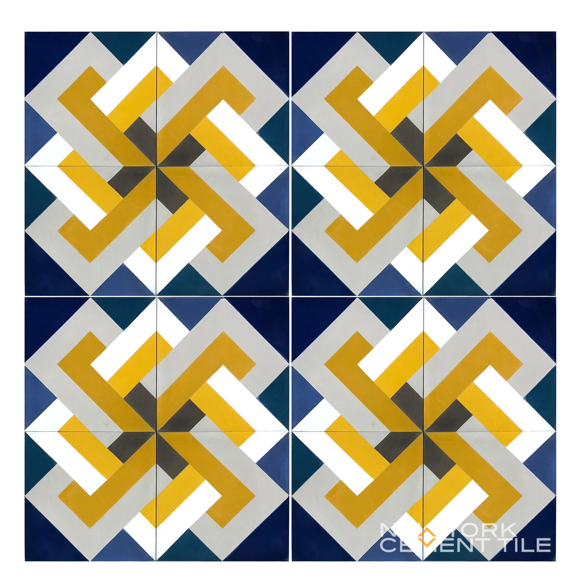 Symmetrical geometric pattern in yellow, gray, and navy on New York Cement Tile’s NL20-1A, Sample from Geometrika.
