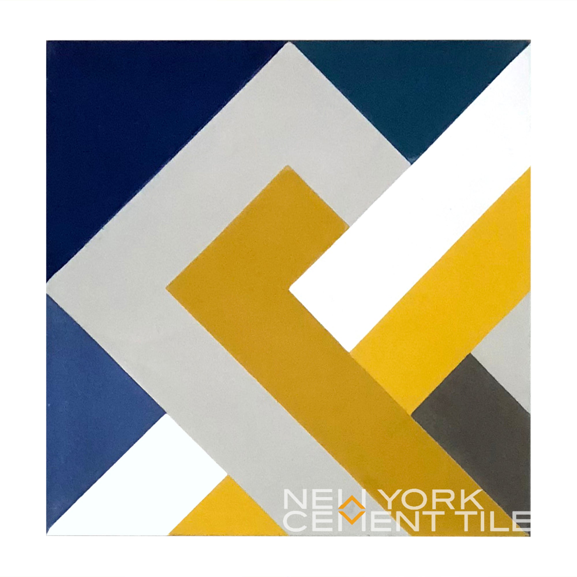 Geometric tile NL20-1A from New York Cement Tile in navy, yellow, gray & white. Text: NEW YORK CEMENT TILE.