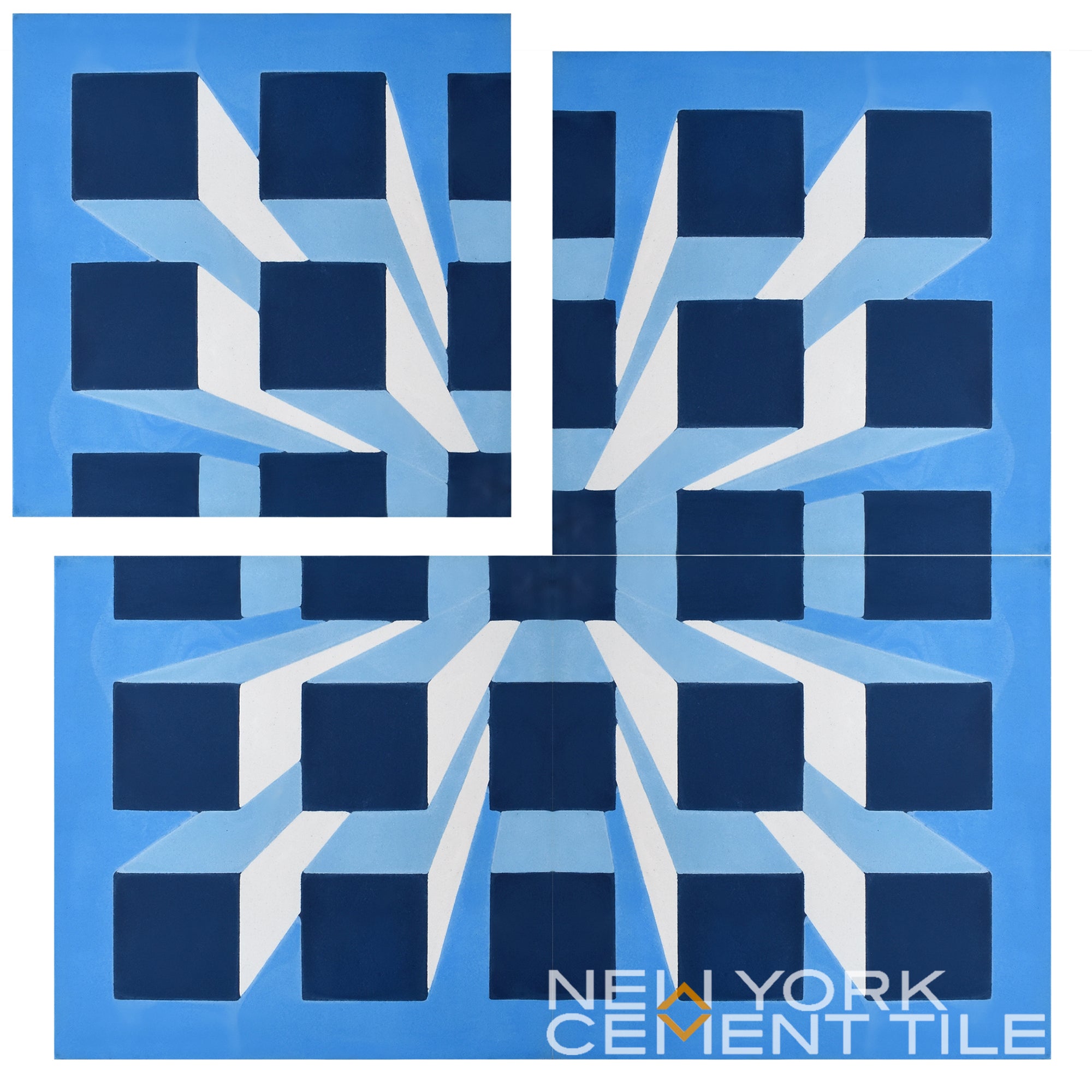 Blue and white 3D cubes pattern (NL20-2B) from New York Cement Tile; logo in the corner.