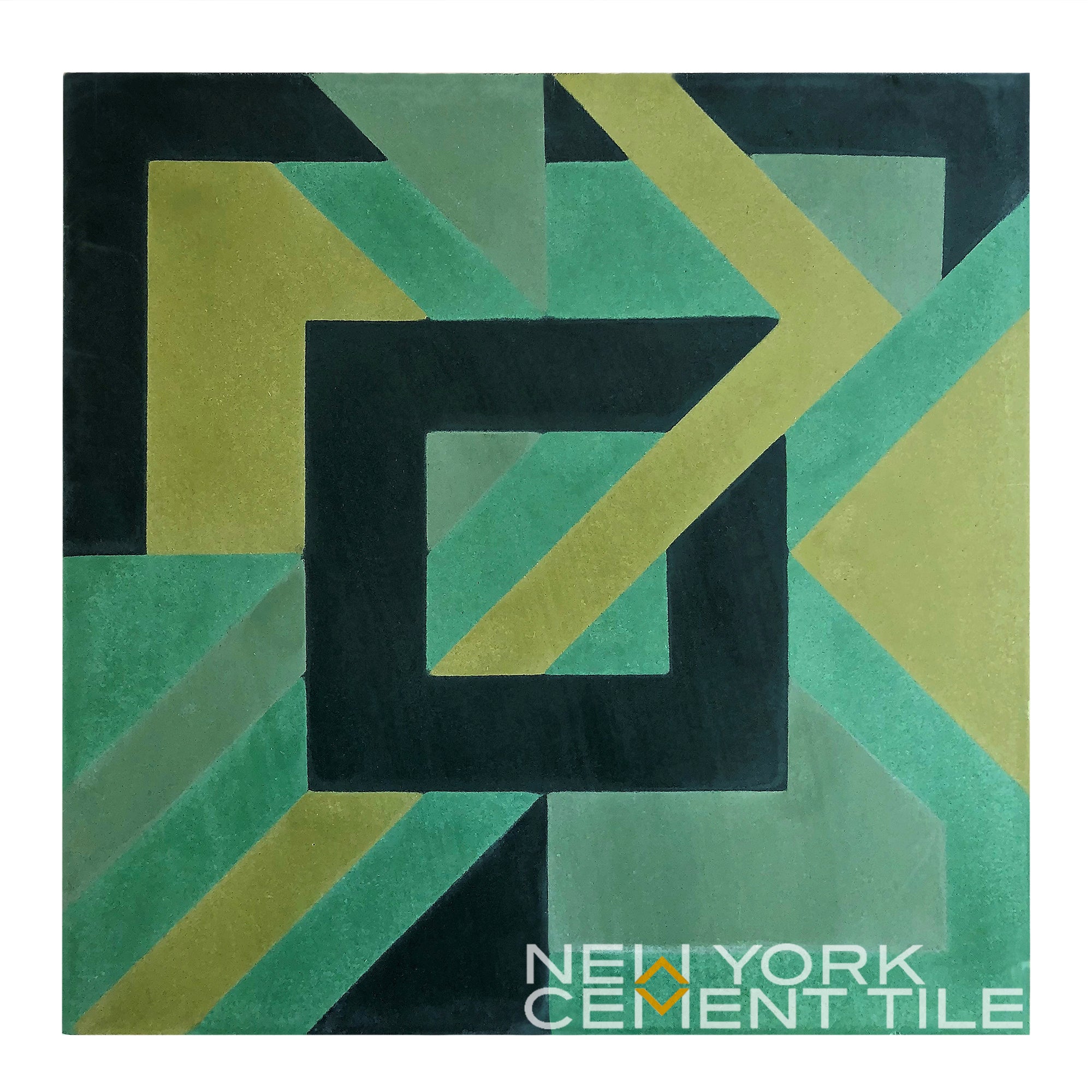 Geometric tile with green, yellow & black shapes; NL20-3A by New York Cement Tile, logo at bottom right.