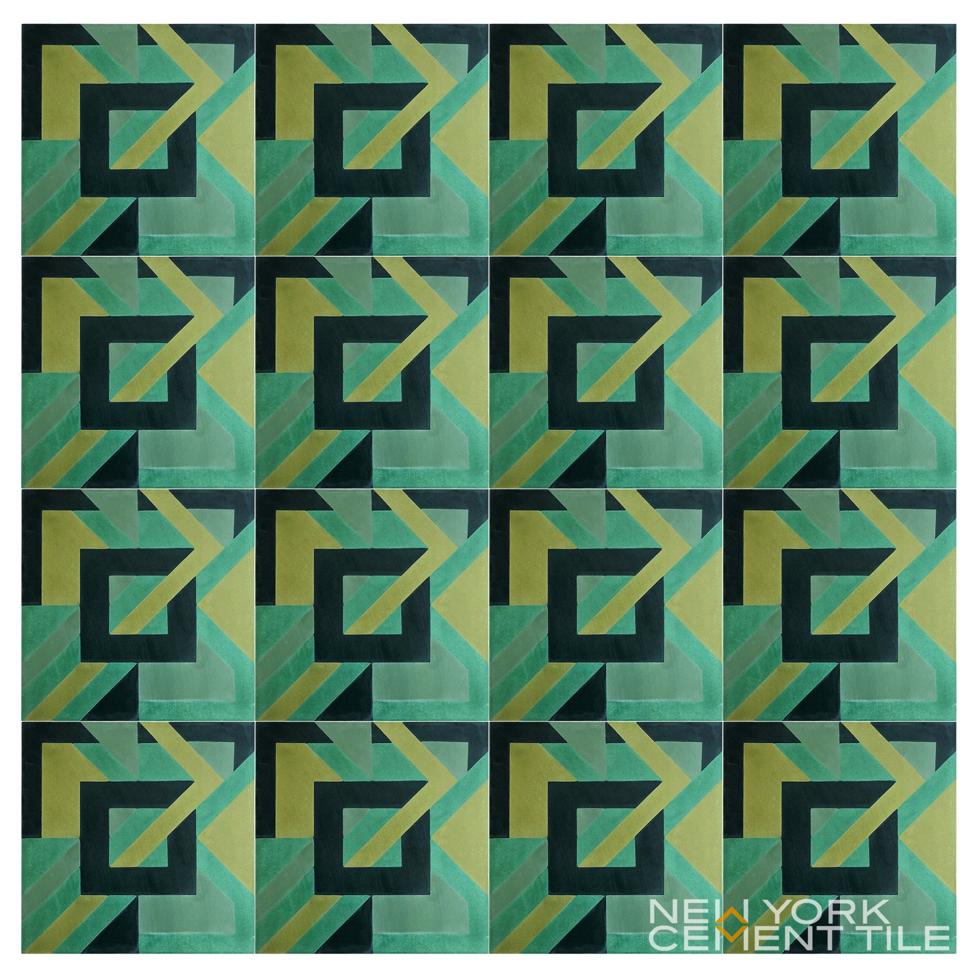 The NL20-3A tile by New York Cement Tile features a geometric green & black 4x4 grid with overlapping angular shapes.