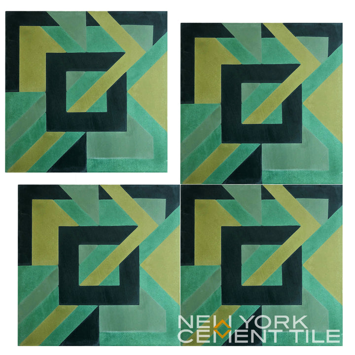 Green, yellow, and black geometric tile NL20-3A from New York Cement Tile's Geometrika collection.