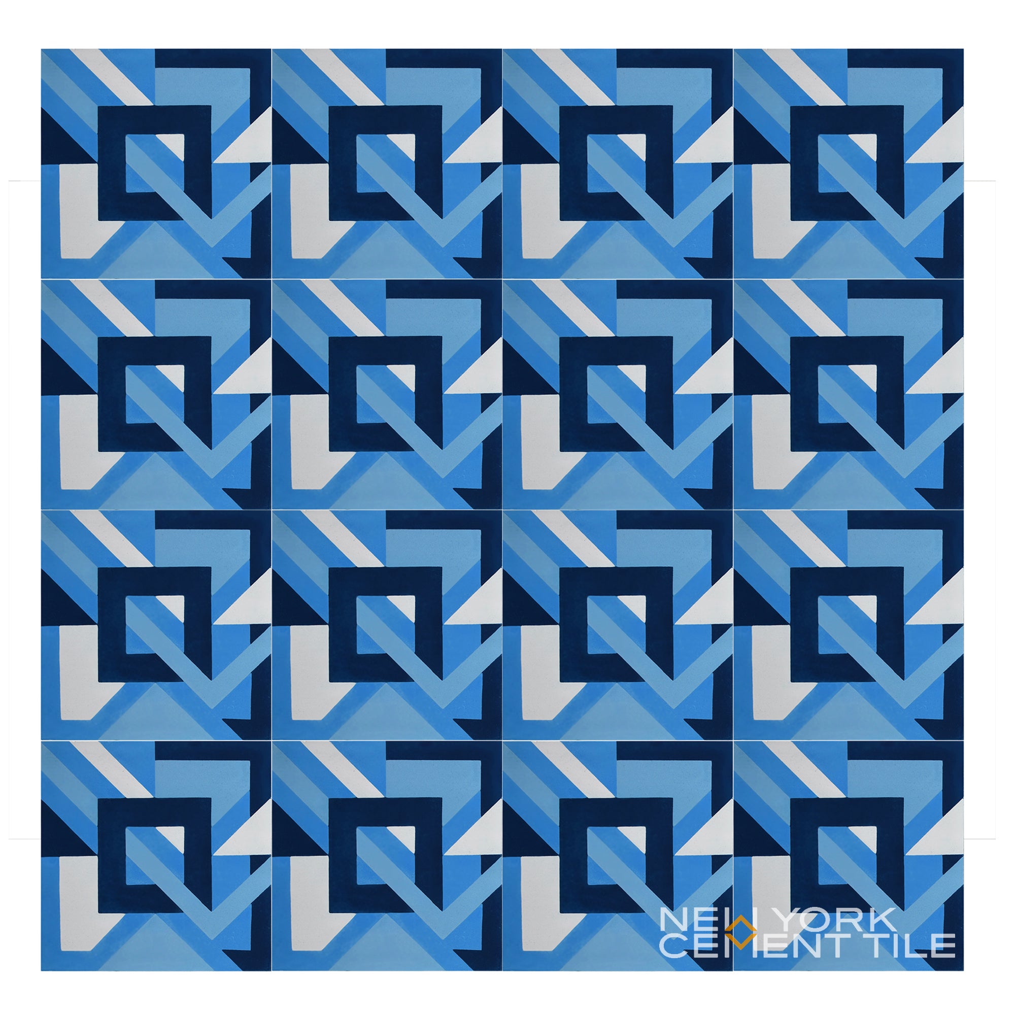 Geometric blue & white tile NL20-3B from New York Cement Tile’s Geometrika collection.
