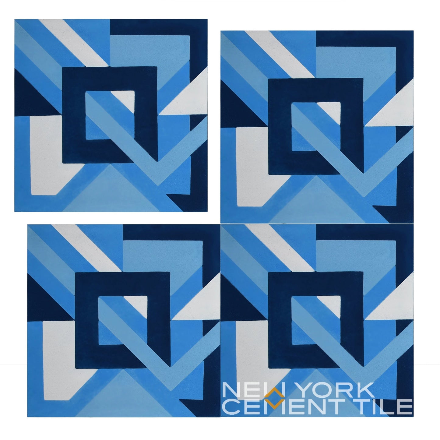 The NL20-3B, Extra Sample by New York Cement Tile features a bold blue and white abstract square with overlapping lines.
