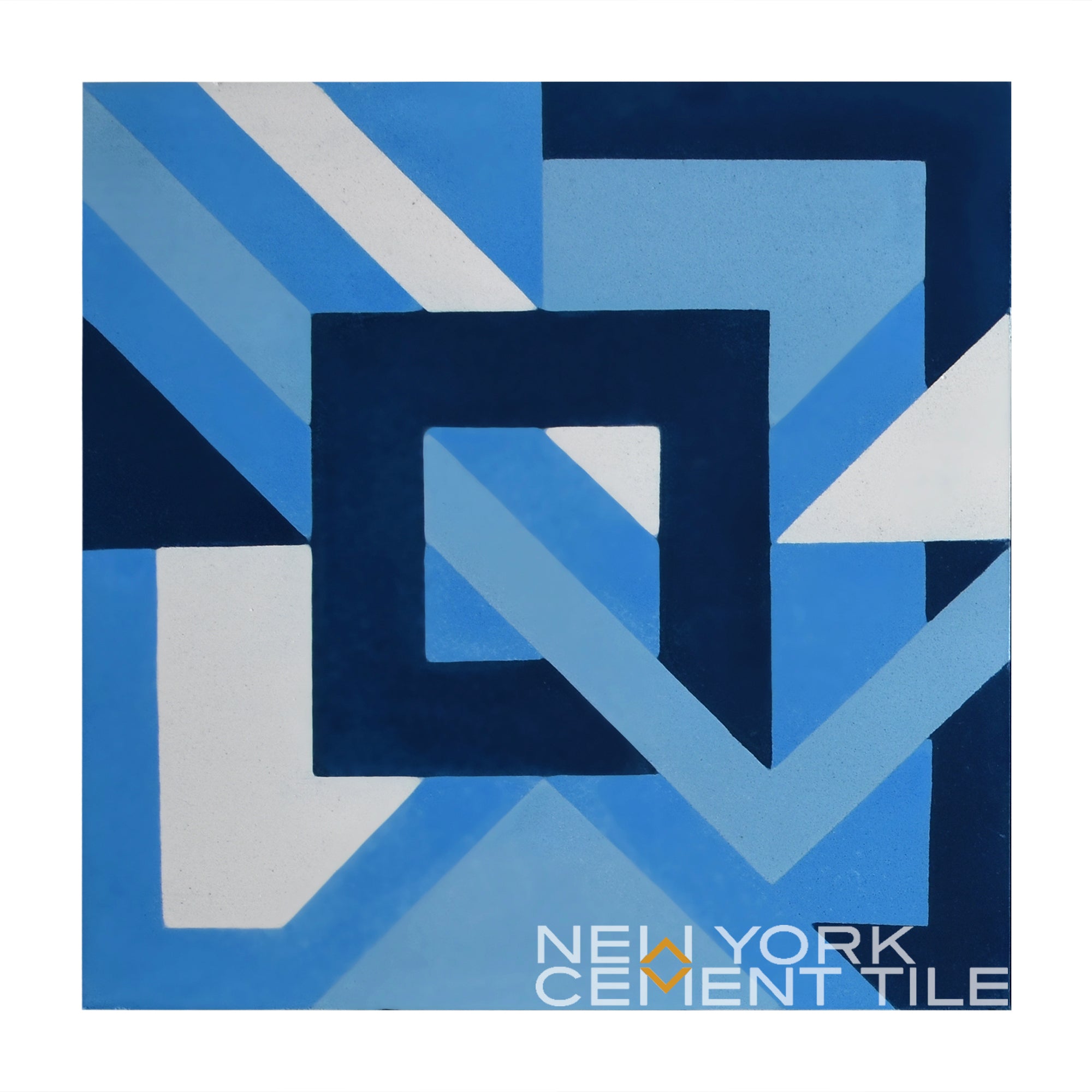 NL20-3B by New York Cement Tile: abstract geometric blue and white tile with overlapping squares from Geometrika collection.