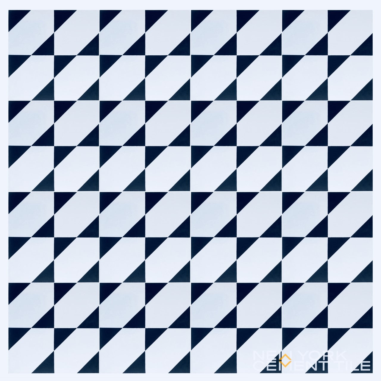 The NL20-4A tile by New York Cement Tile features a geometric, optical illusion pattern in black, white, and gray triangles.