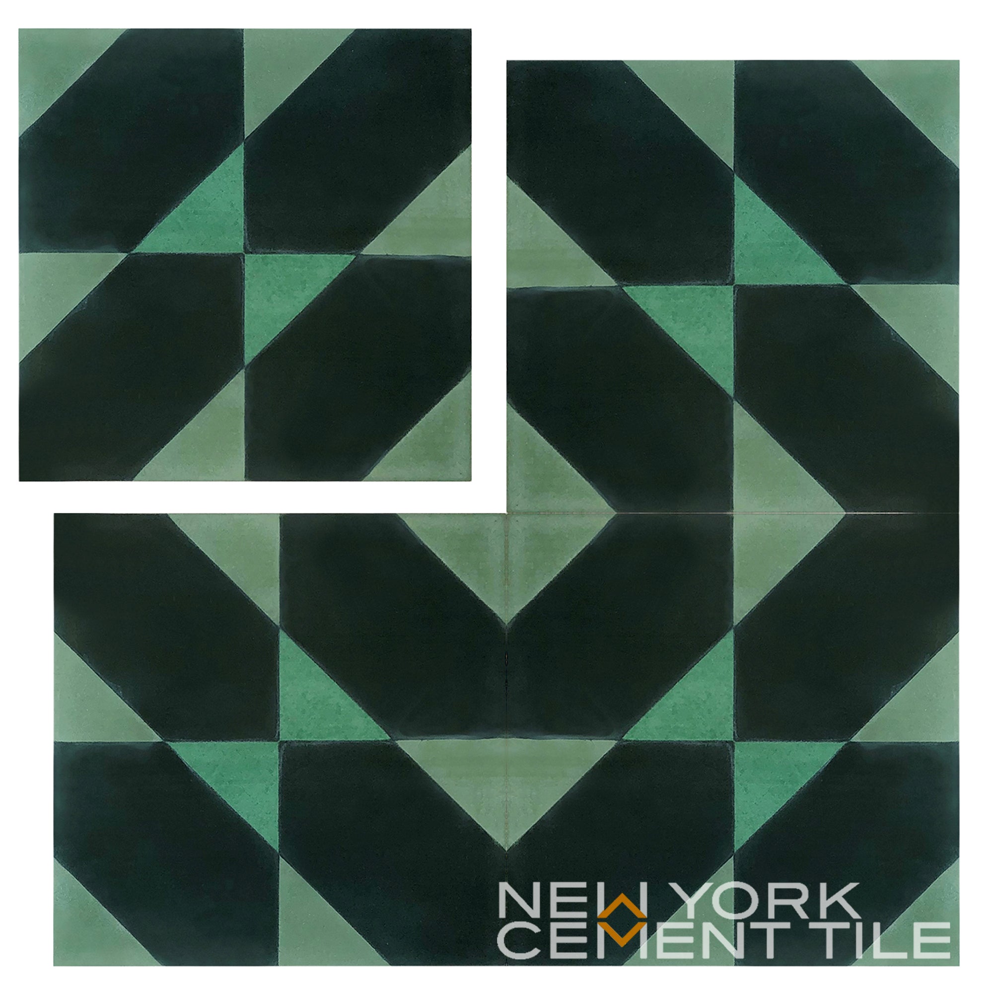 Geometric dark green & black NL20-4B tiles create a bold pattern; New York Cement Tile branding in the corner.