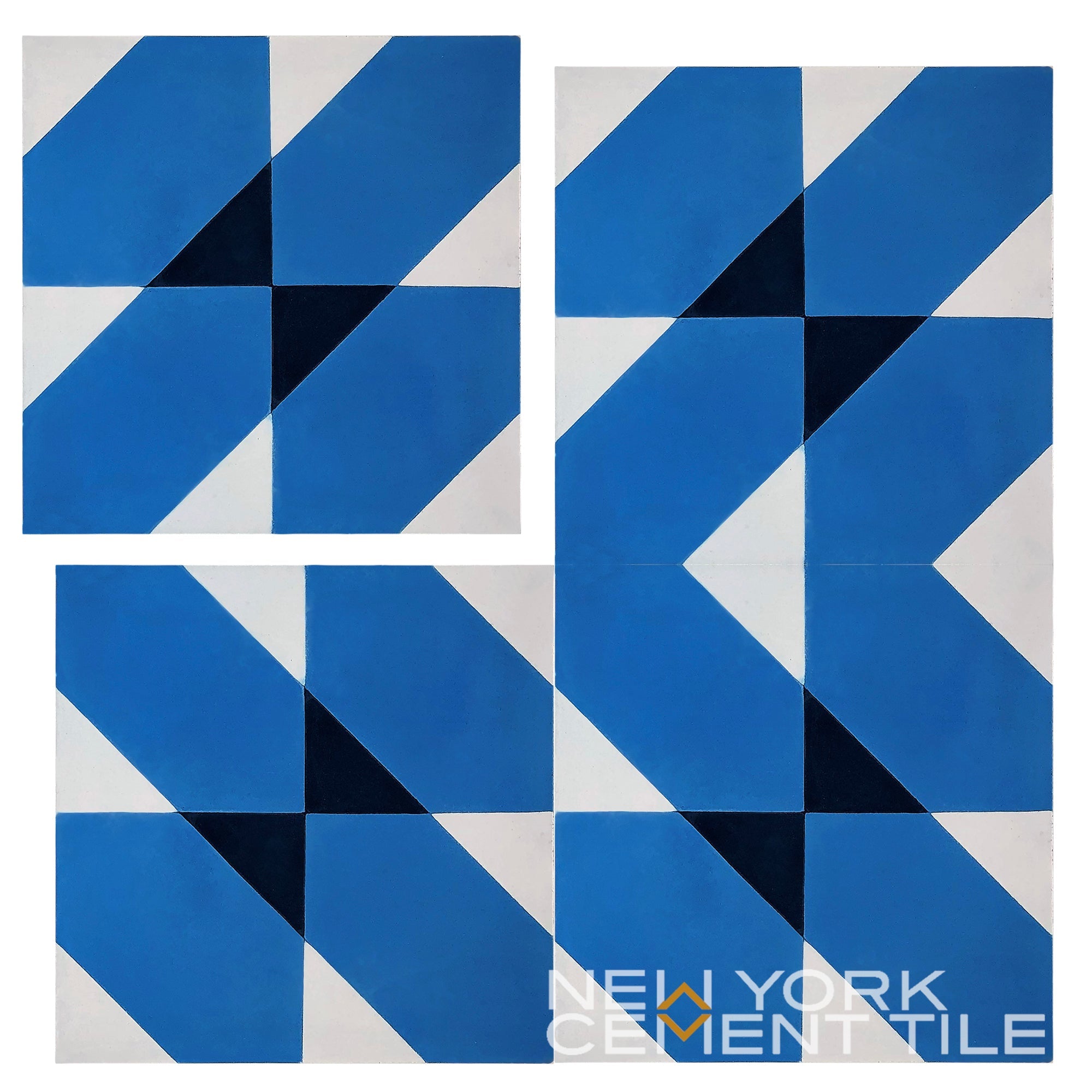 Three geometric blue and white tile patterns, NL20-4C, by New York Cement Tile; part of the Geometrika collection.