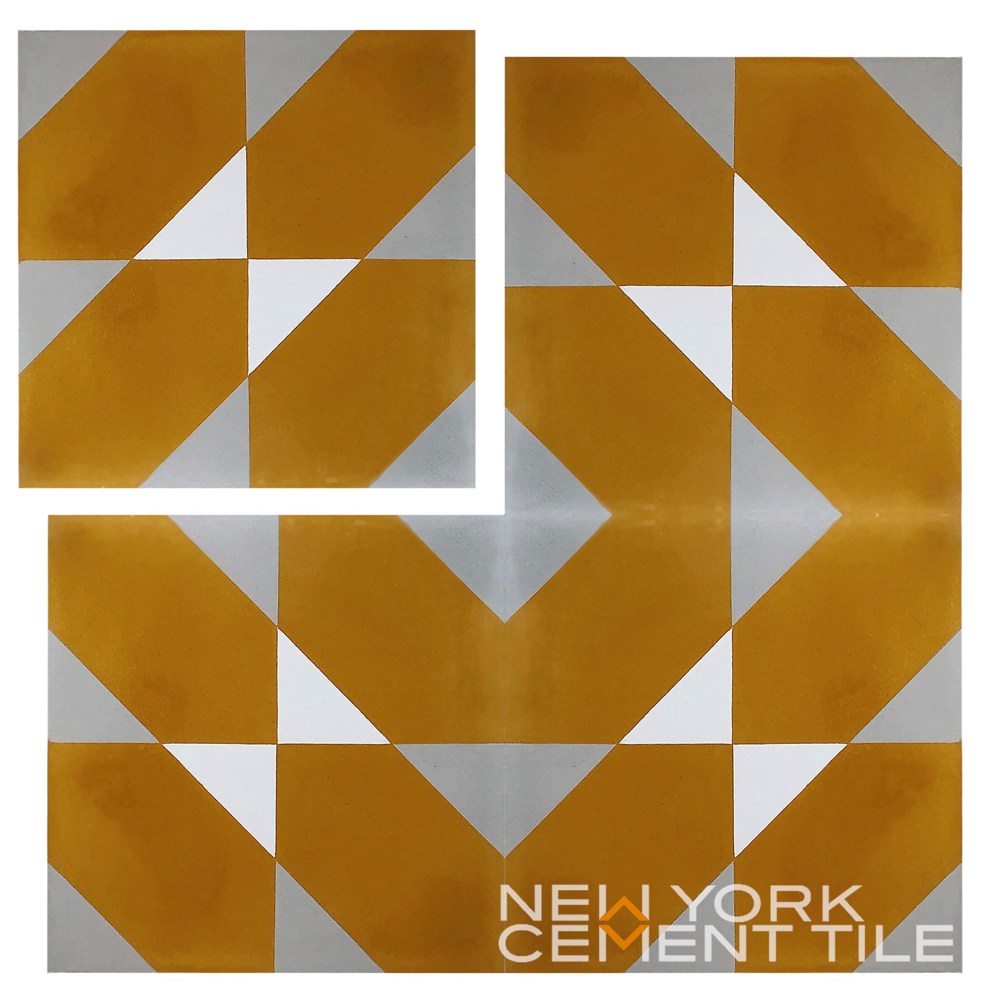 Geometric pattern tiles (orange, white & gray) from New York Cement Tile, NL20-4D, shown at bottom right.