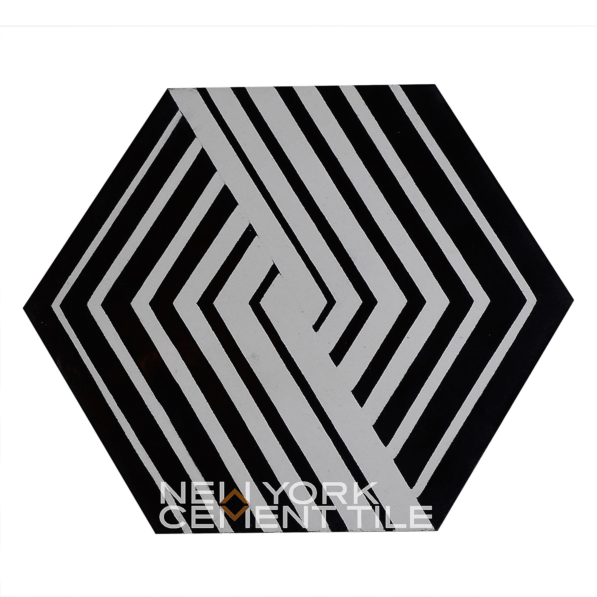 Hexagon cement tile NL23-7 by New York Cement Tile features black and white geometric stripes in a labyrinth pattern.