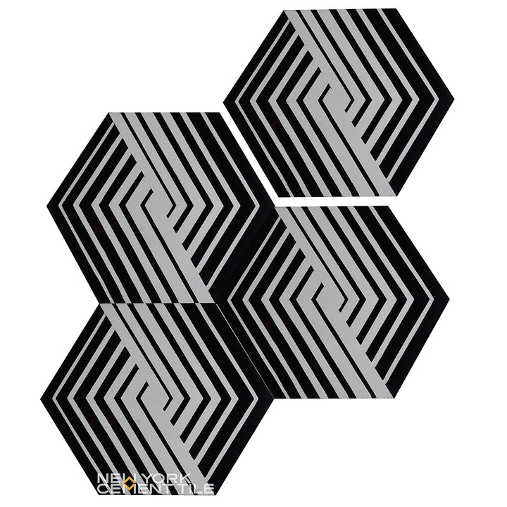 Three NL23-7 tiles by New York Cement Tile feature black and white geometric stripes, creating an optical illusion.
