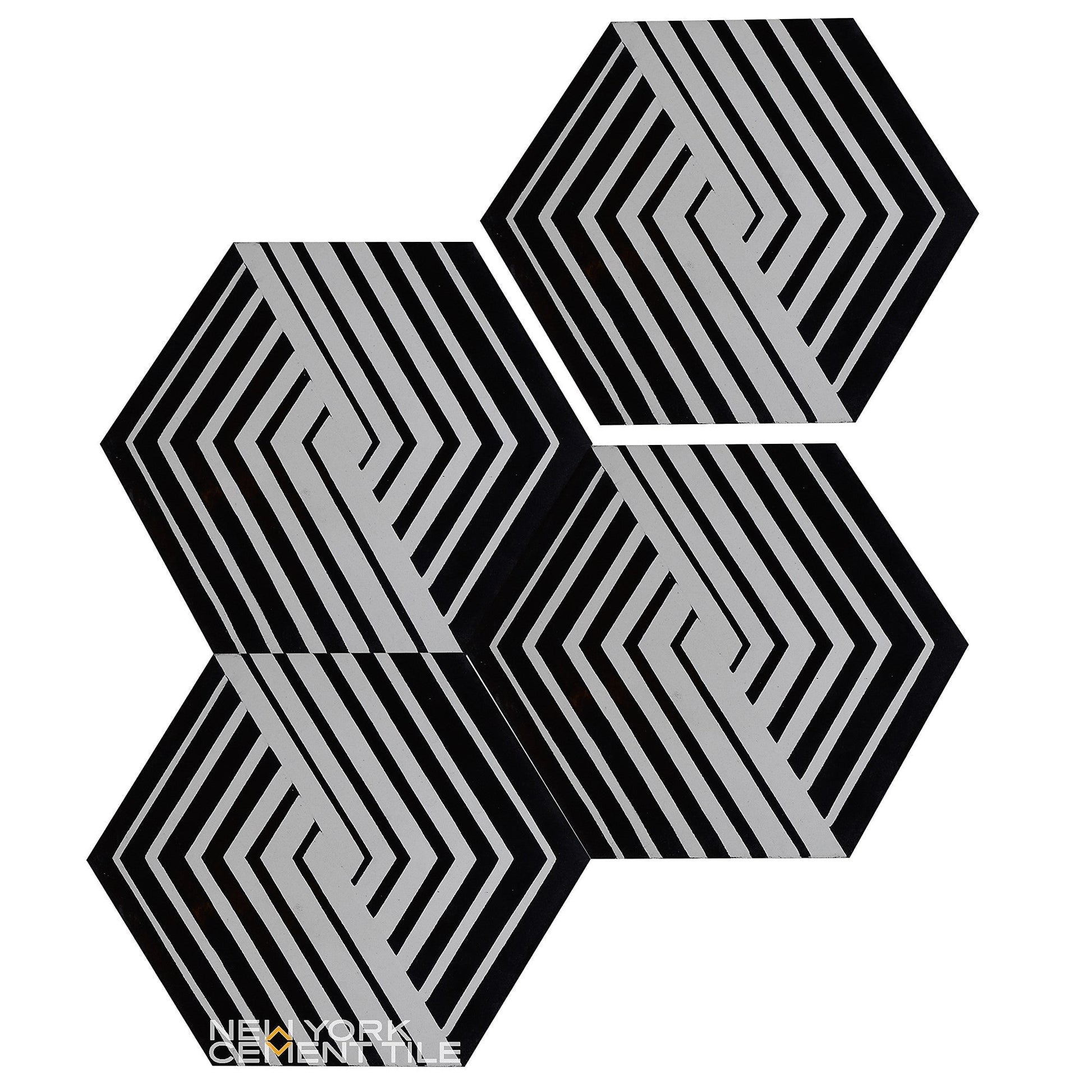Three black and gray hexagons from New York Cement Tile's NL23-7 Extra Sample create a pop art illusion on white.