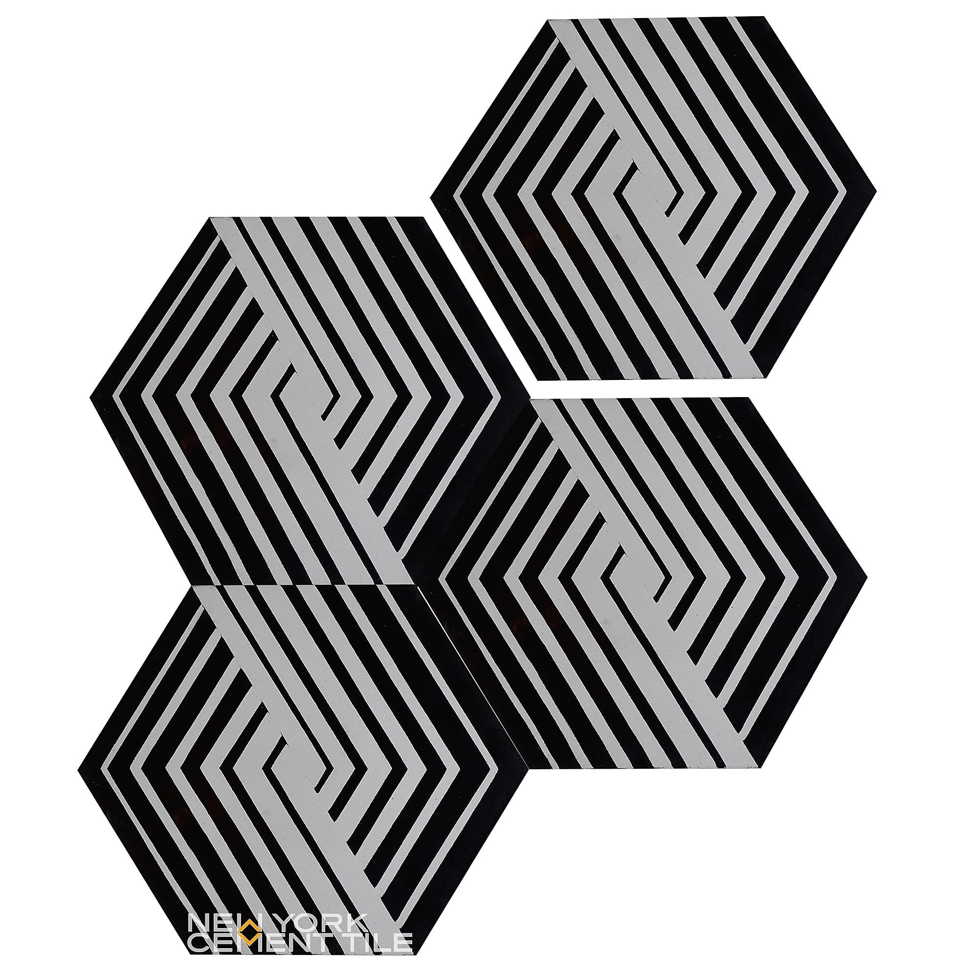 Three black and white NL23-7 tiles by New York Cement Tile feature bold geometric patterns on a white background.