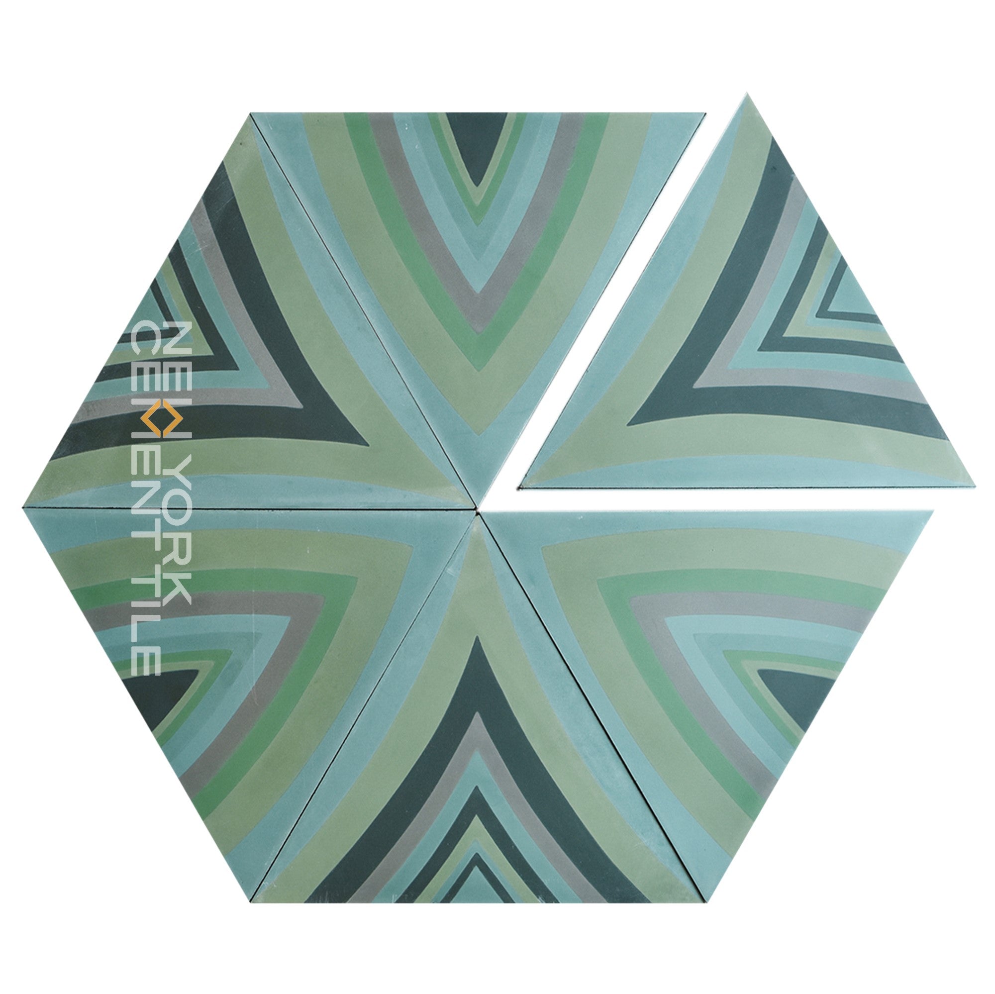 Four NLT-6A tiles by New York Cement Tile feature green and blue layers in a hexagonal pop art style.