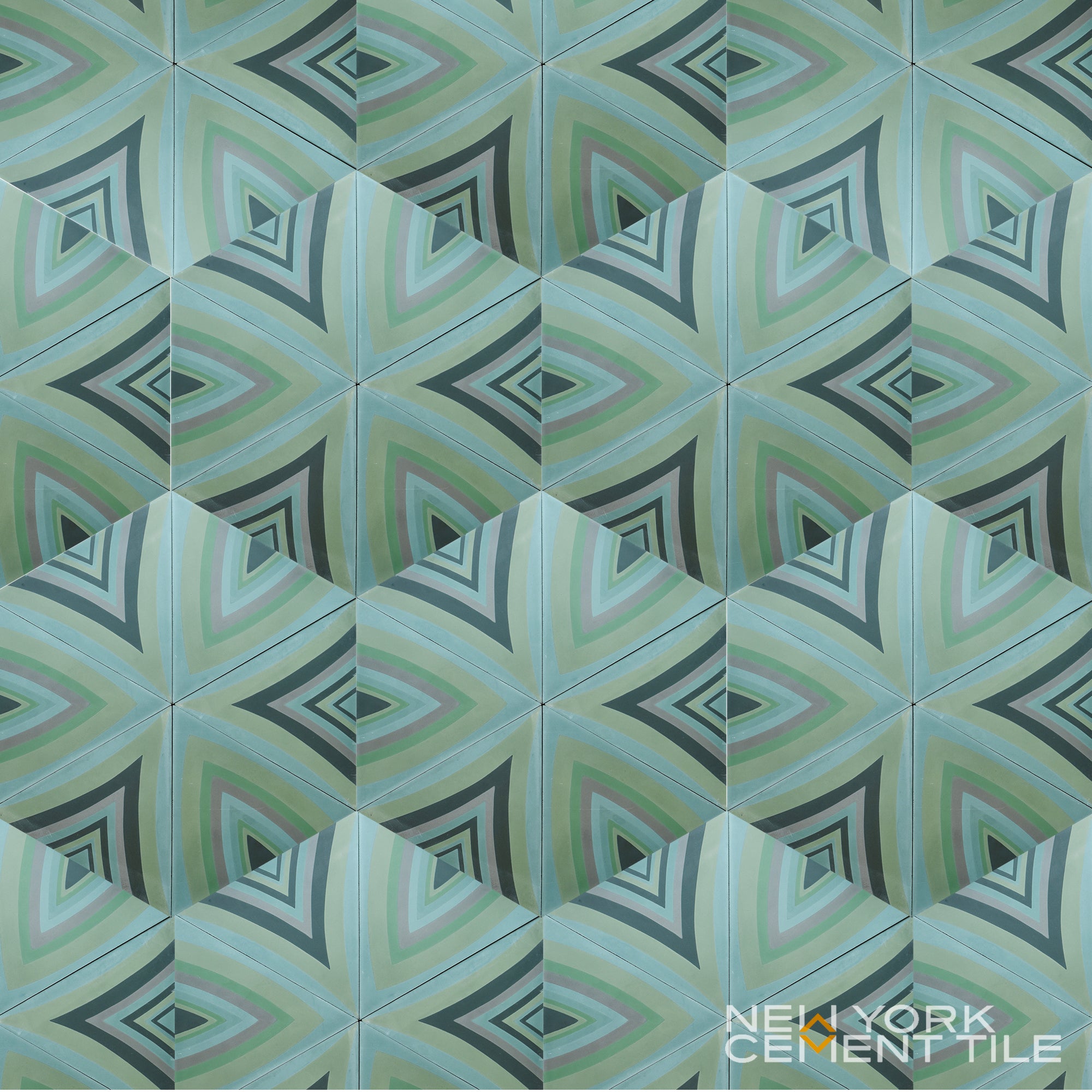 Blue, green, and gray star tile pattern from New York Cement Tile (NLT-6A); logo in the corner.