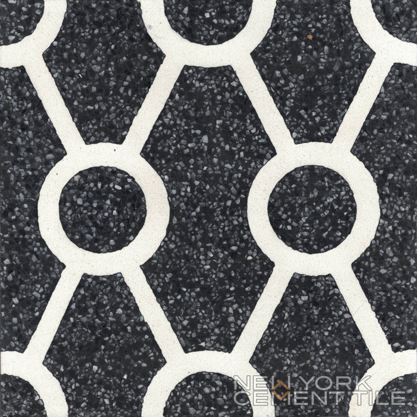Terrazzo 8X8 - NT20-012 by New York Cement Tile: black mosaic tile with white geometric pattern and speckled texture.