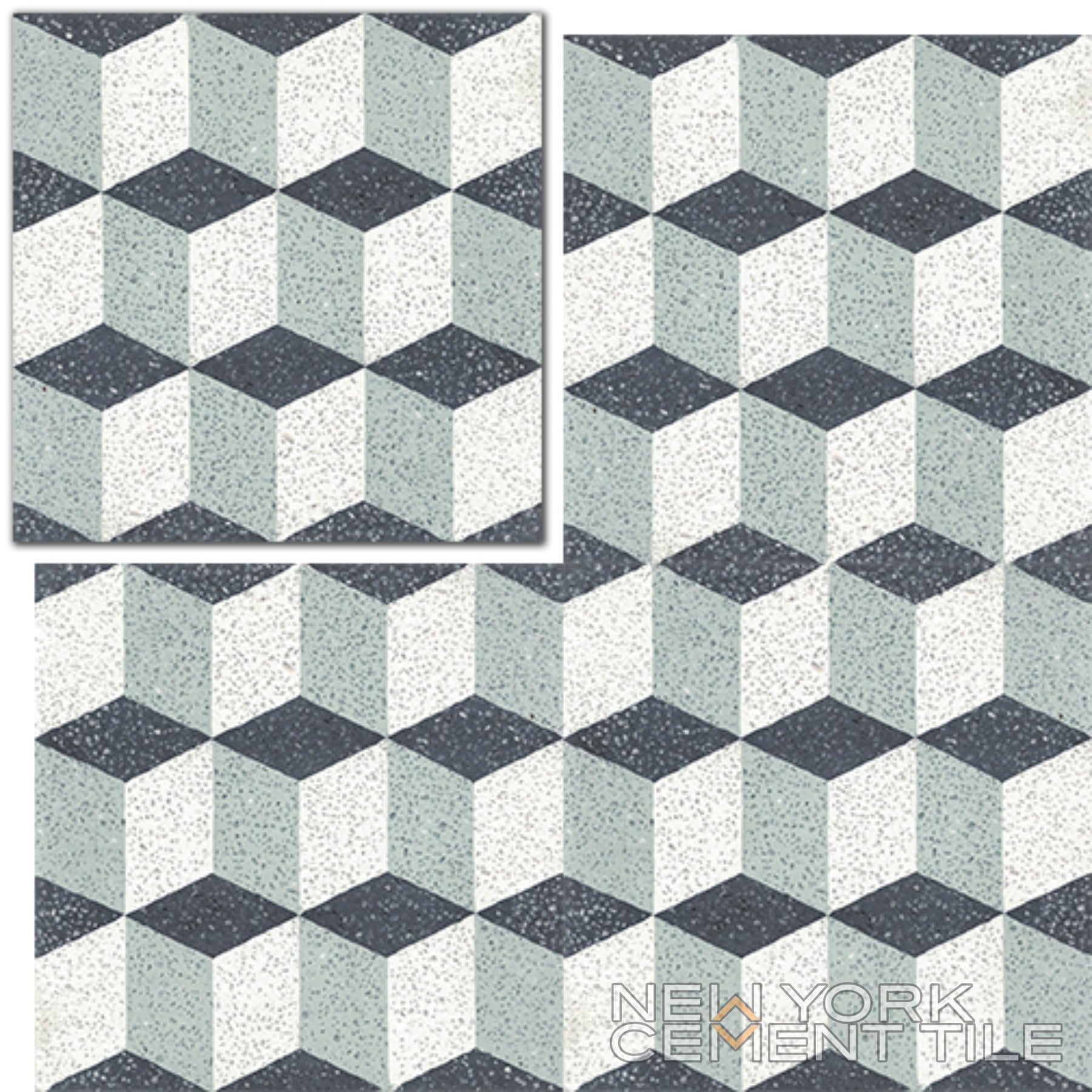 Terrazzo 8x8- NT20-013: 3D cube geometric optical illusion in black, white & gray by New York Cement Tile.
