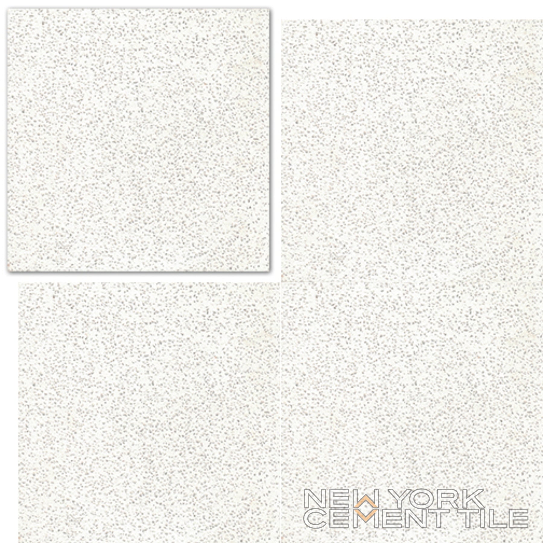 NT20-014 Extra Sample by New York Cement Tile: white tile with tiny gray dots, shown as single and multiple layouts.