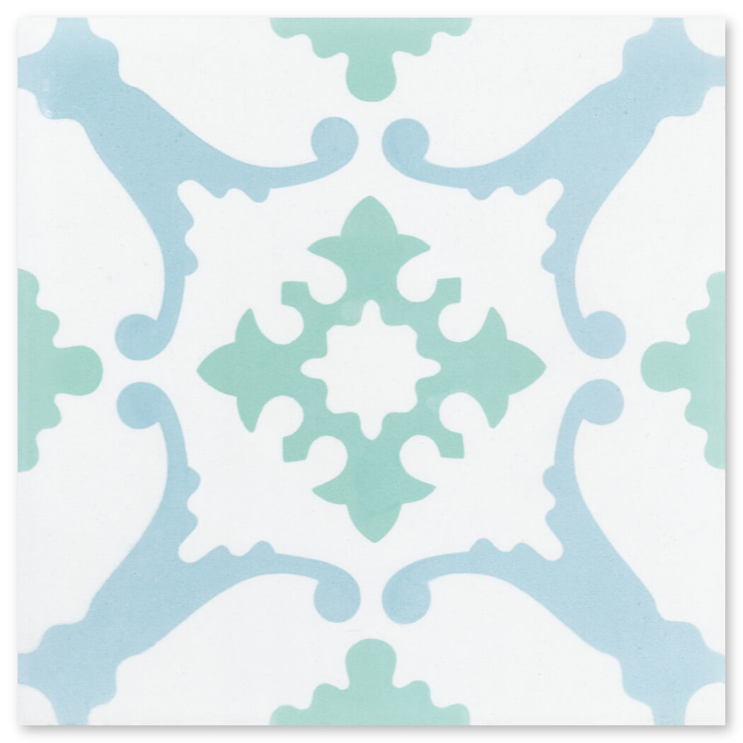 N20-148 Extra Sample by New York Cement Tile: Blue and green geometric floral tile on a white background.