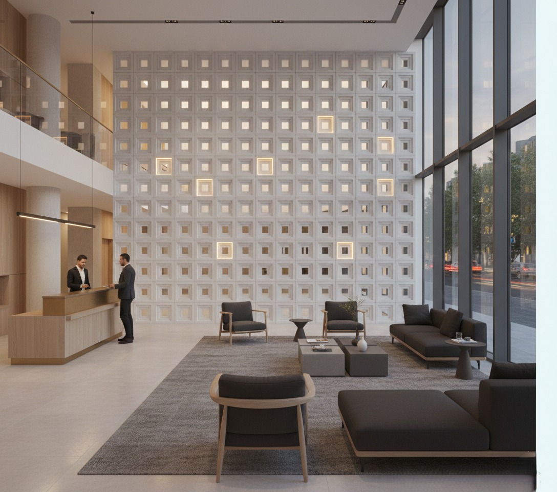 Modern office lobby featuring Pala NY cement tiles by New York Cement Tile, with lounge seating and large windows.