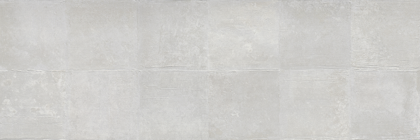 A grid of Gray Plaster - Sample tiles by New York Cement Tile with alternating smooth and ridged vertical patterns.