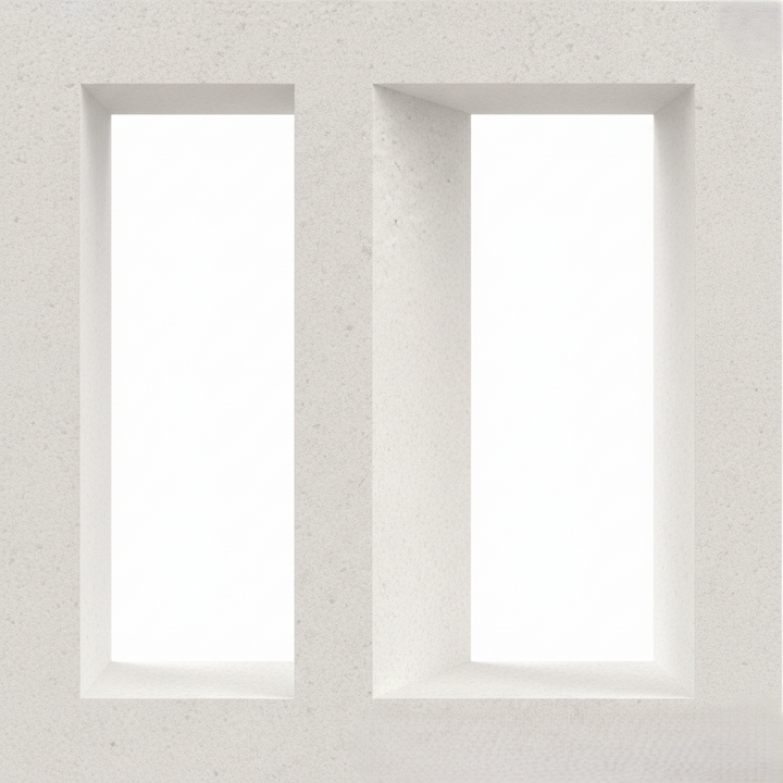 The Lucia by New York Cement Tile is a white concrete privacy screen with two deep vertical rectangular cutouts.