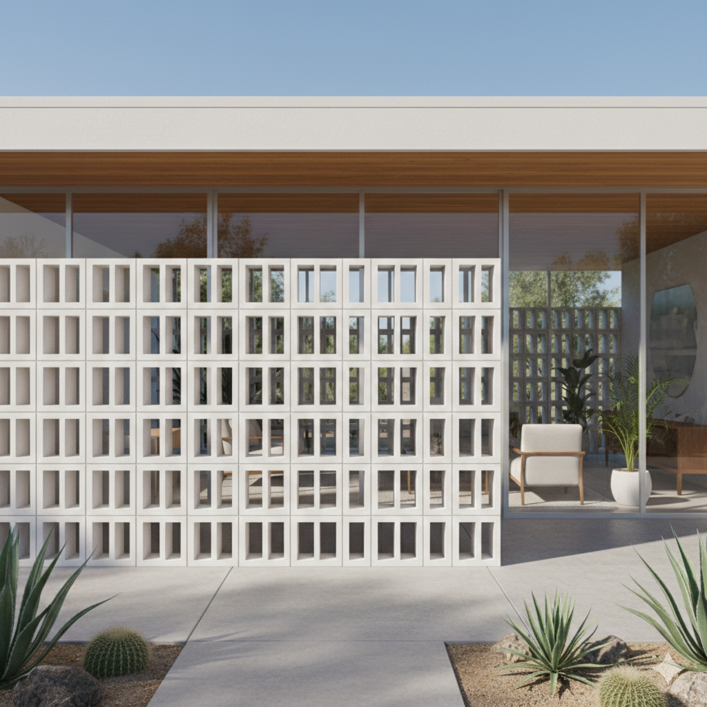 Saint Lucia NY by New York Cement Tile: white concrete block screen, glass walls, desert plants, and outdoor seating.