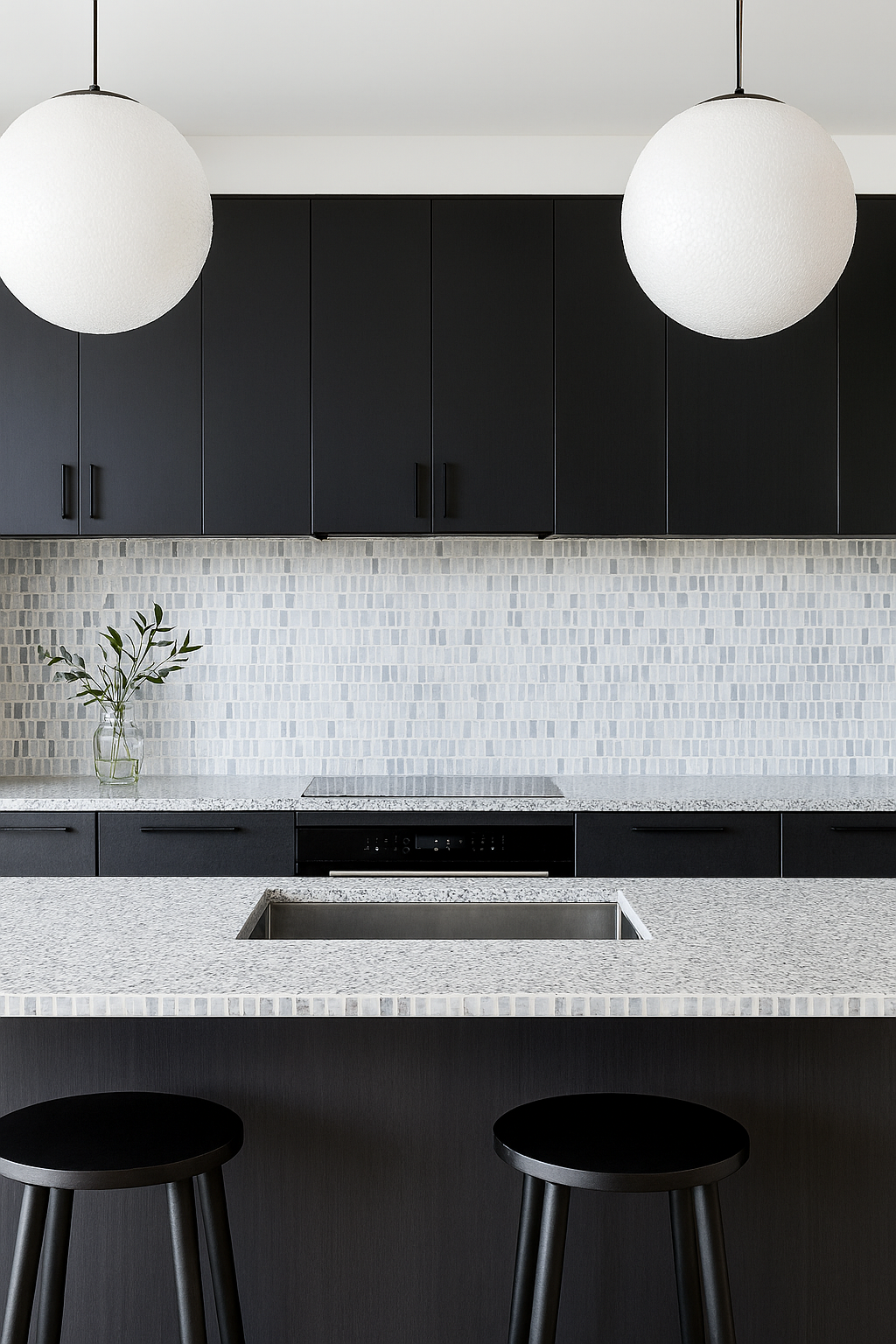 Modern kitchen with black cabinets, Carlo Scarpa - Grey Dusk tiles by New York Cement Tile, globe pendants, and marble island.