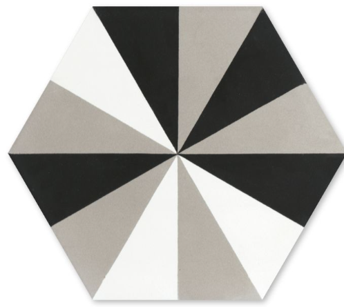 The Do-Si-Do Sencillo, Extra Sample by New York Cement Tile features bold black, white, and gray hexagons for stylish floors.