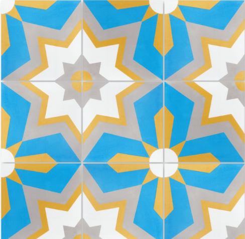 Comino A Brilliant Sea Sample by New York Cement Tile: blue, yellow, grey & white Moroccan pattern with stars & diamonds.