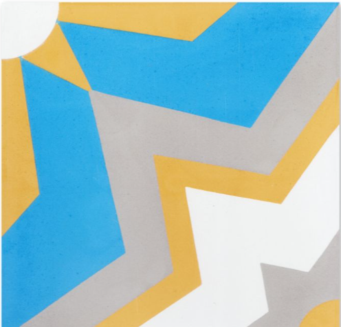 Comino A Brilliant Sea, Extra Sample by New York Cement Tile: abstract blue, yellow & gray Moroccan-inspired geometric pattern.