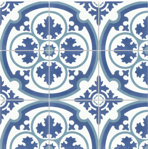 The N20-569 Blue Sample by New York Cement Tile features blue and white handcrafted cement tiles with ornate geometric patterns.