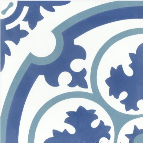 N20-569 Blue, Extra Sample by New York Cement Tile: blue & white tiles with curved lines and floral motifs in a geometric pattern.