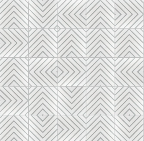 Circuitry Dover by New York Cement Tile features gray diagonal lines on white, forming modern repeating diamond patterns.