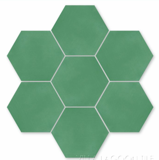 Seven green NH23-3305 tiles by New York Cement Tile, honeycomb pattern, arranged on a white background.