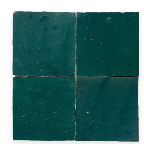 Aurora tiles by New York Cement Tile: four handcrafted dark green ceramics in a 2x2 grid on white background.