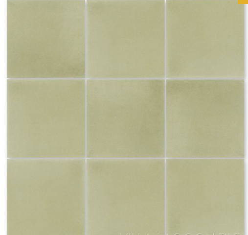 A grid of six Solid Sage 4X4 tiles by New York Cement Tile in light green with white grout lines.