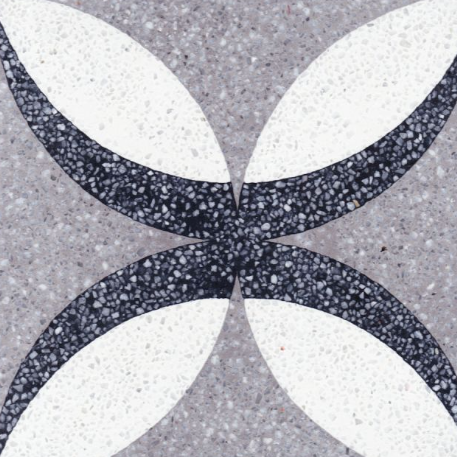 Petalos Pebble Terrazzo by New York Cement Tile: gray, white, & black floral speckled tiles for durable flooring.