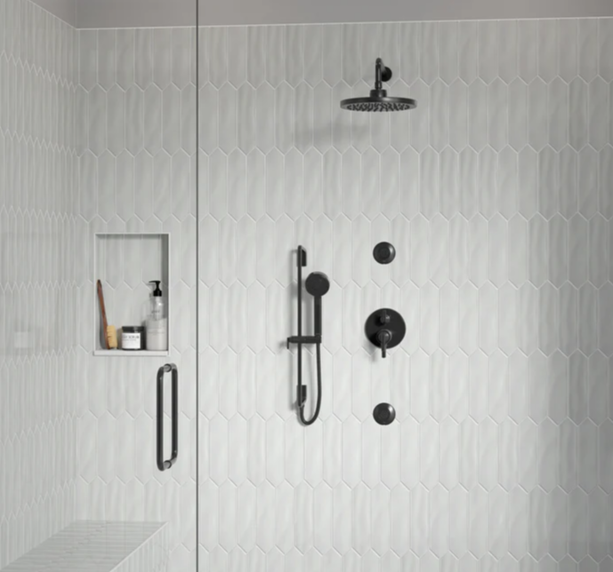 Contemporary shower with CRAFT II-PICKET CERAMIC-Gray tile by New York Cement Tile, black fixtures, and sleek glass door.