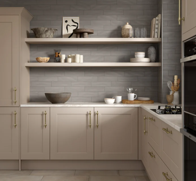 Modern kitchen with beige cabinets, open shelves, and decor featuring CRAFT II- MATTE CERAMIC-Taupe by New York Cement Tile.