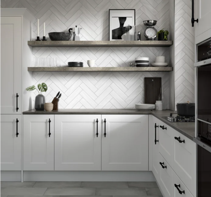Modern kitchen with white cabinets and open shelves, featuring CRAFT II-MATTE CERAMIC-White tile by New York Cement Tile.