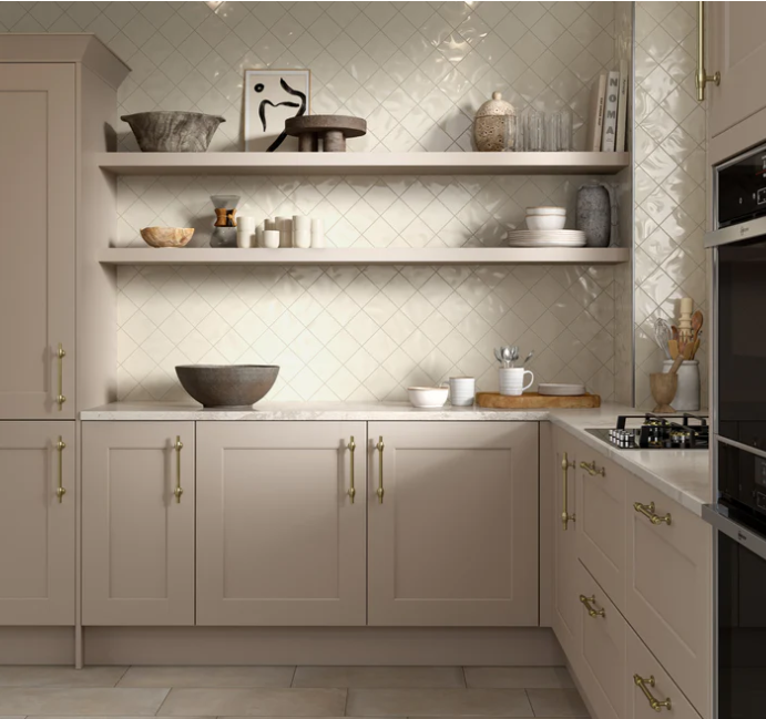 Contemporary kitchen with beige cabinets, open shelves, ceramics, and a CRAFT II-4X4 Glossy-Bone backsplash by New York Cement Tile.