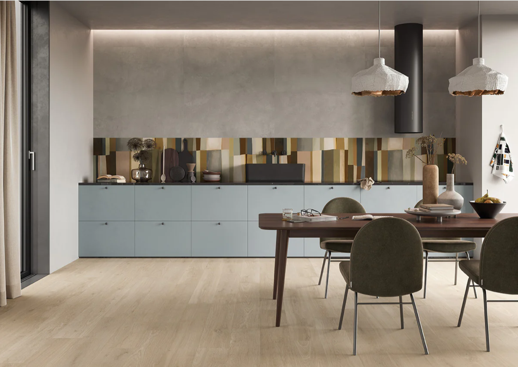 Modern kitchen and dining area featuring AGIO-24X47 SLIM-BIANCO tile by New York Cement Tile.